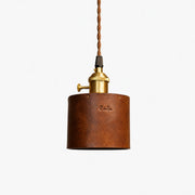 Brown leather cylinder pendant lamp front view
