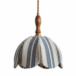 Cargar imagen en el visor de la Galería, Blue and ivory striped fabric pendant lamp with dark wood handle and brass connector