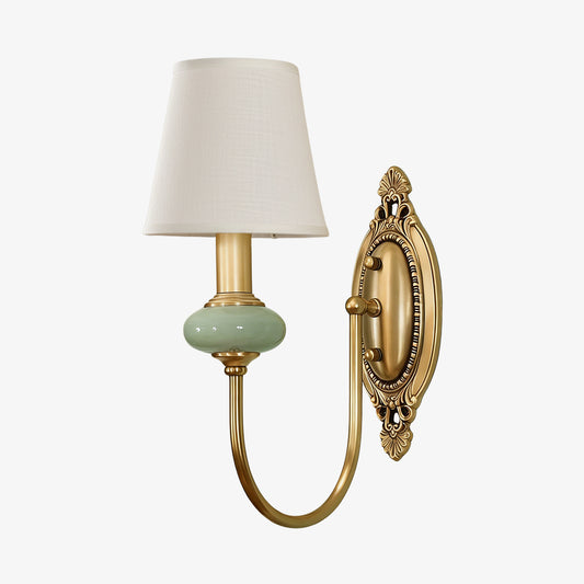 Rowanea Ceramic Wall Sconce with Fabric Shade and Metal Finish – Farmhouse Modern Hallway Light