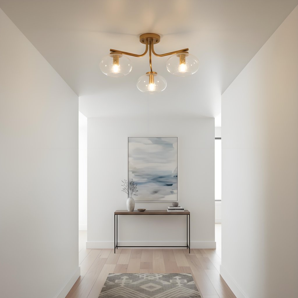 Bublaris Bubble-Glass Semi-Opbouw Plafondlamp - Gebogen Messing Armen voor Woonkamer of Gang