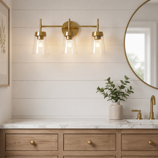 Luz de pared para tocador de baño de latón cepillado con 3 luces