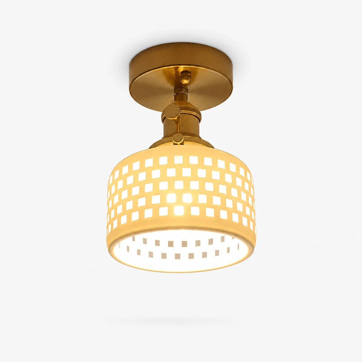 Flush mount grid ceramic ceiling light with brass canopy