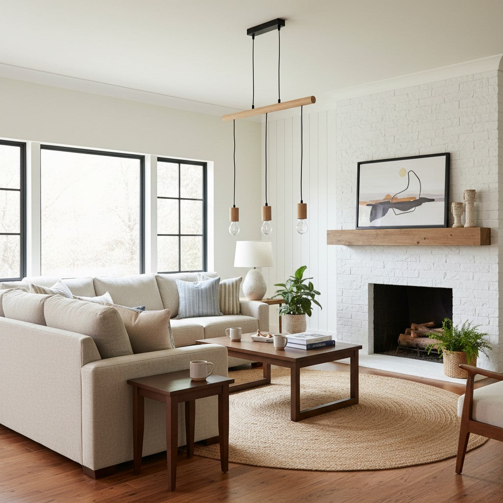 Virell Verstelbare Lineaire Plafondlamp – 3-Lamps Houten en Metalen Ontwerp voor Keukeneiland of Kantoor