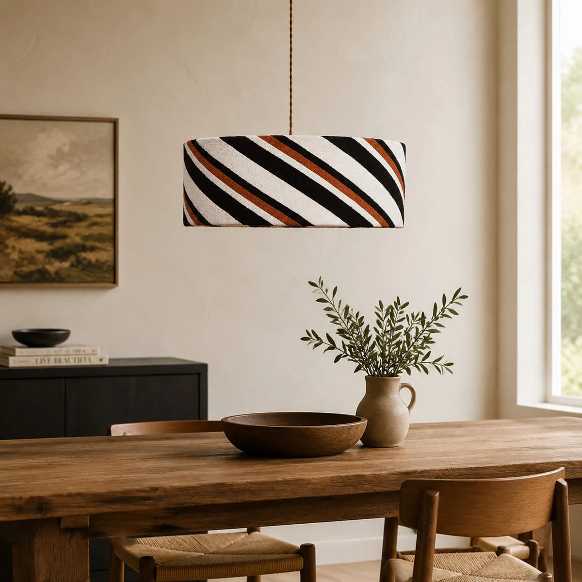 Striped fabric pendant light room detail