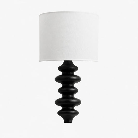 Ebony sculptural wall lamp with white fabric shade