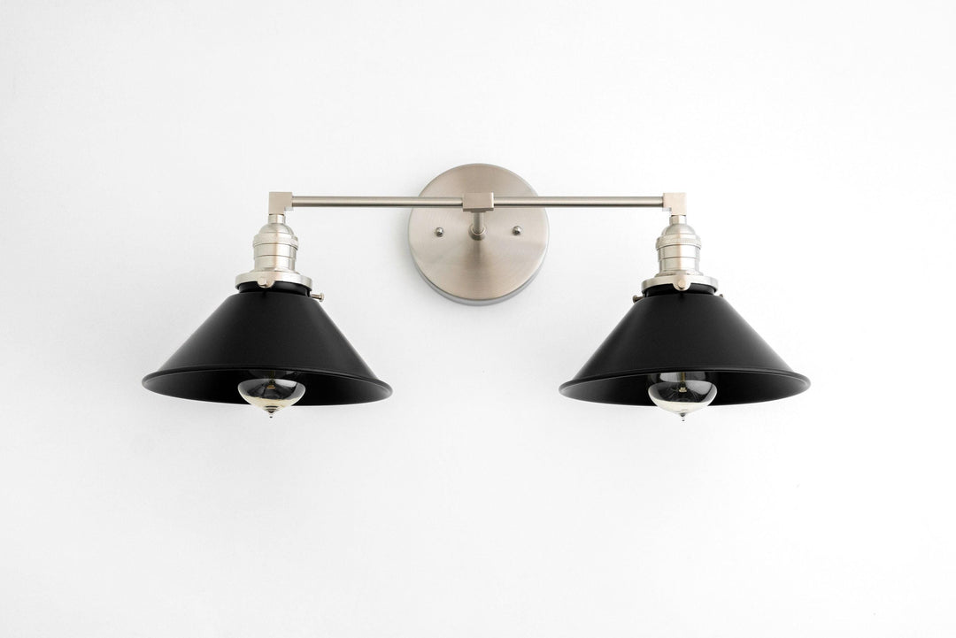 Conique Metal Dual Black Sconce with Cone Shades - Industrial Vanity Wall Light for Mirror