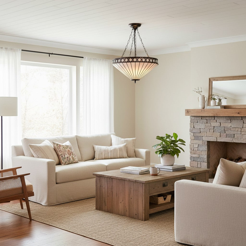 Suspension réglable TF Fargo avec abat-jour inversé inspiré du vitrail pour îlot et salle à manger