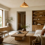 Charger l'image dans la visionneuse de la galerie, Woven rattan pendant lamp above a warm neutral lounge area