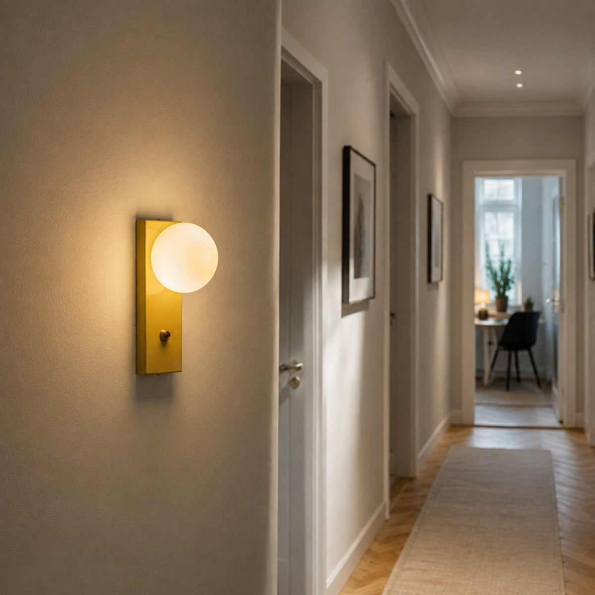 Illuminated hallway wall sconce scene