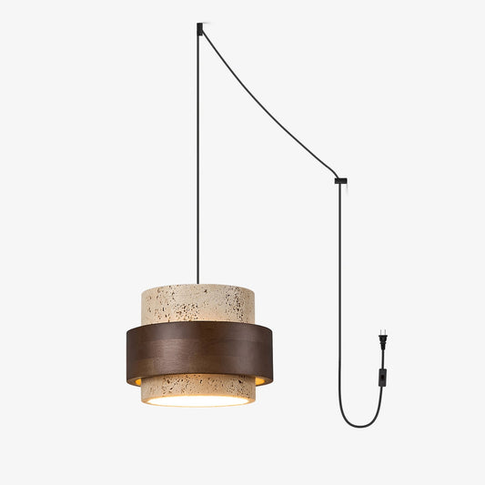 Cilindrische hanglamp met stekker van travertijn en walnoot