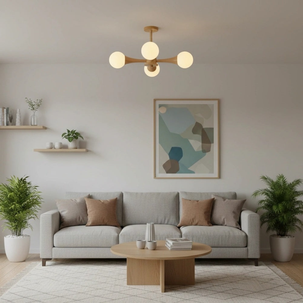 Novalune Mehrflammiger Glas-Globus-Kronleuchter mit Holzrahmen – Japanischer Zen-Stil für das Wohnzimmer