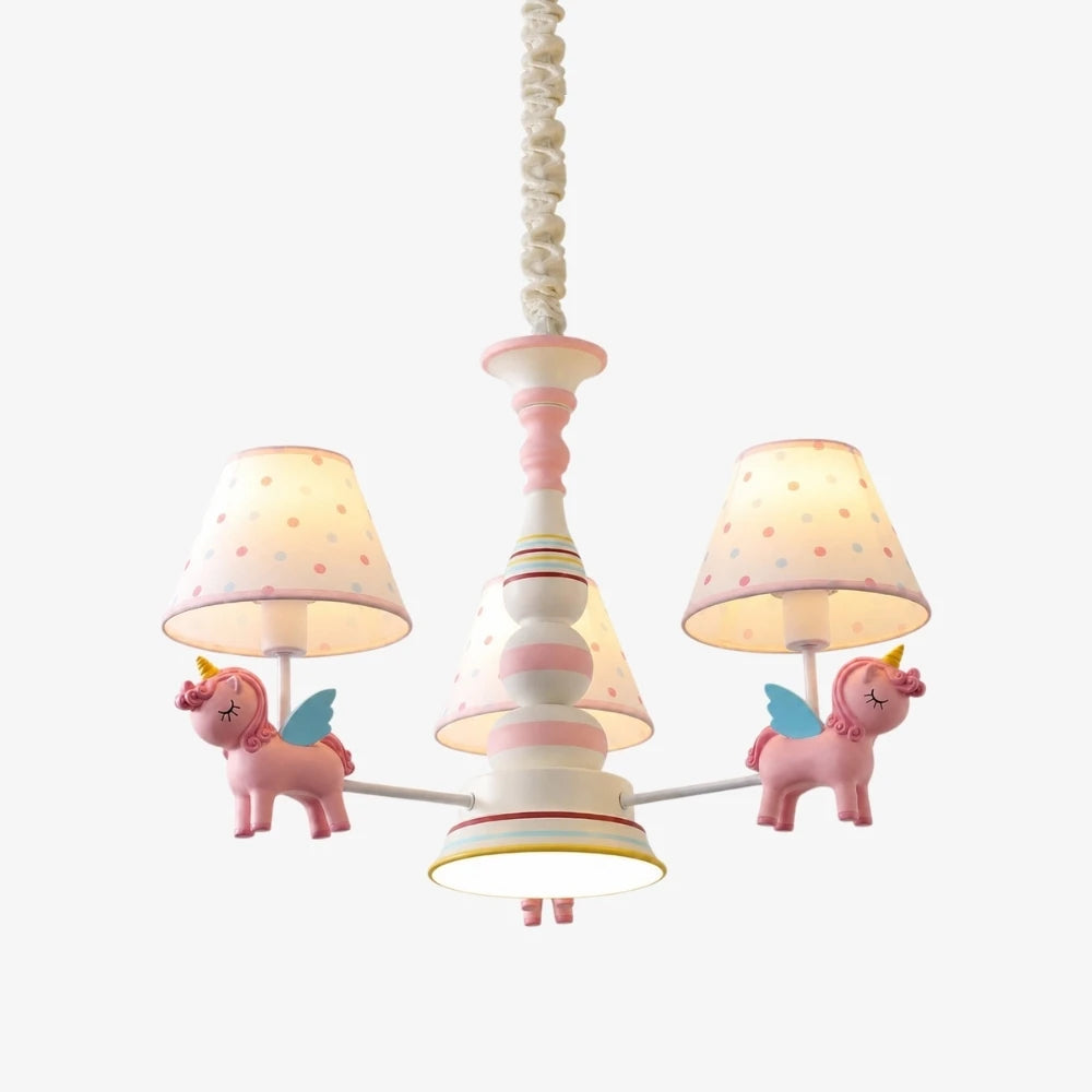 Pink kids room chandelier with three fabric shades