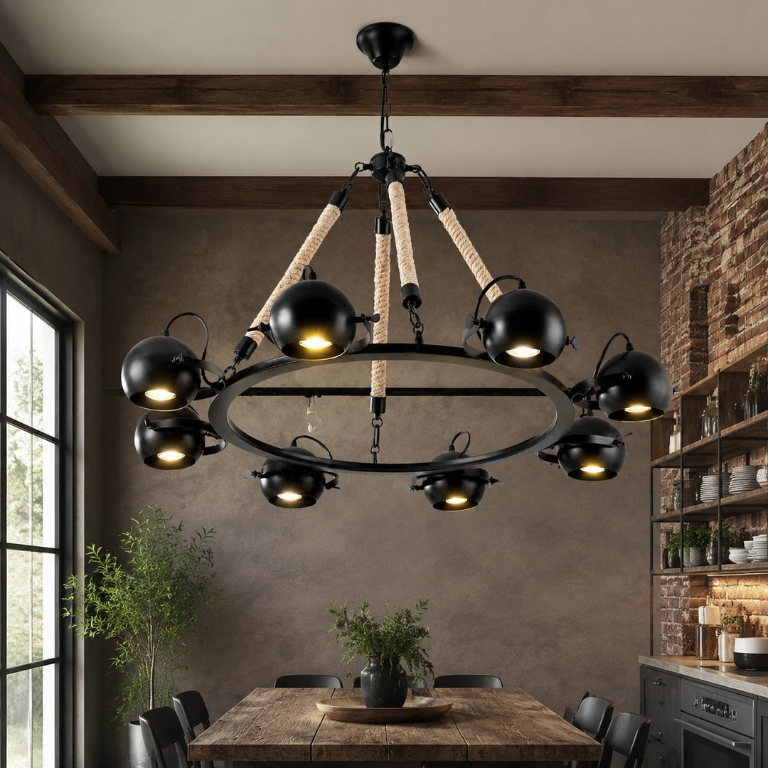 Industrial Rope Chandelier with Adjustable Rounded Heads