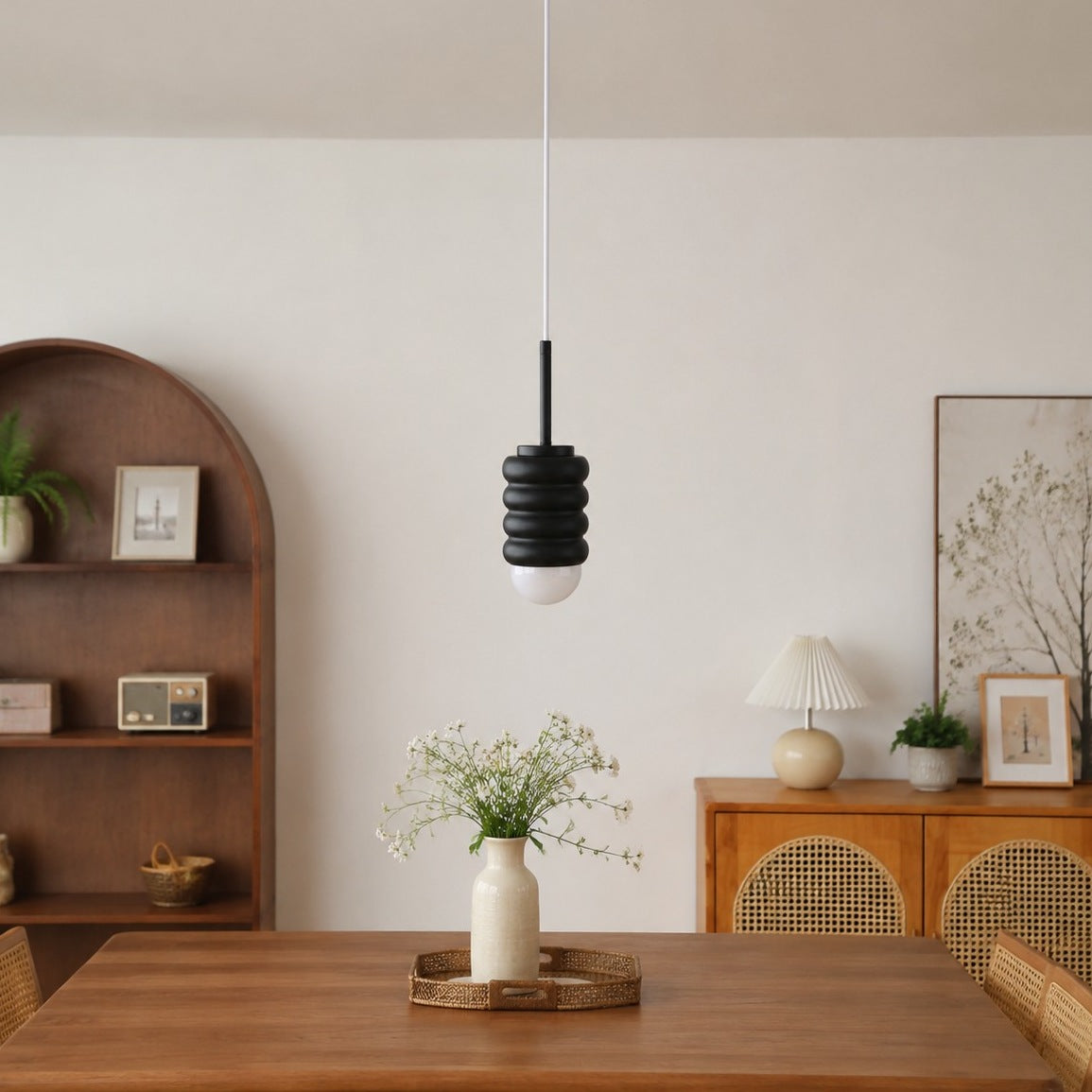 Iron Pendant Lamp with Ribbed Shade - Cream Style Light for Bedroom