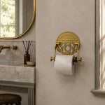 Afbeelding laden in galerijweergave, Antique brass toilet paper holder installed beside a bathroom vanity