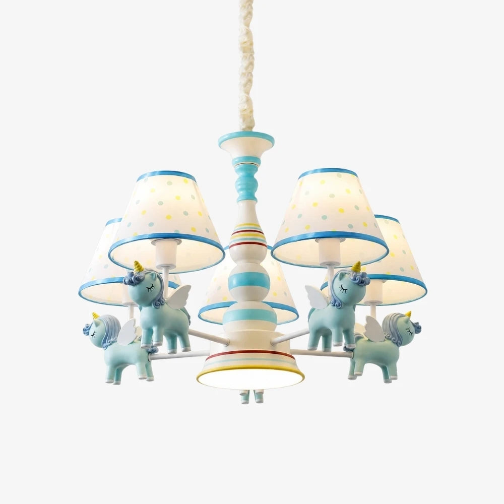 Blue kids room chandelier with five fabric shades