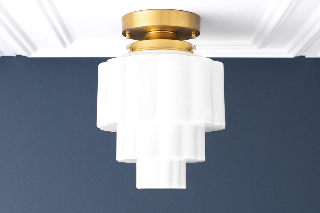 Geotower Glass Brass Ceiling Light – Art Deco Ribbed Globe Flush Mount