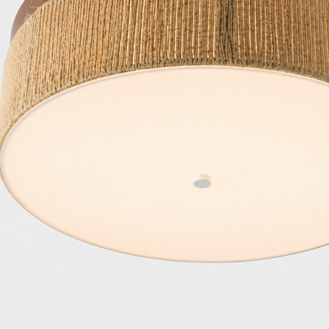 Wabi-Sabi-plafondlamp van massief hout en gevlochten touw met ledverlichting, direct tegen het plafond
