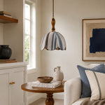 Cargar imagen en el visor de la Galería, Blue and ivory striped fabric pendant lamp installed in a warm bedroom corner