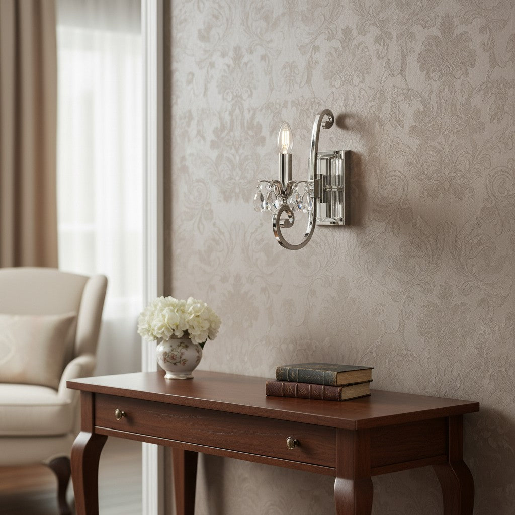 Talonis Kristal Accent Wandlamp – Gebogen Chroom Armontwerp voor Woon- en Halruimtes