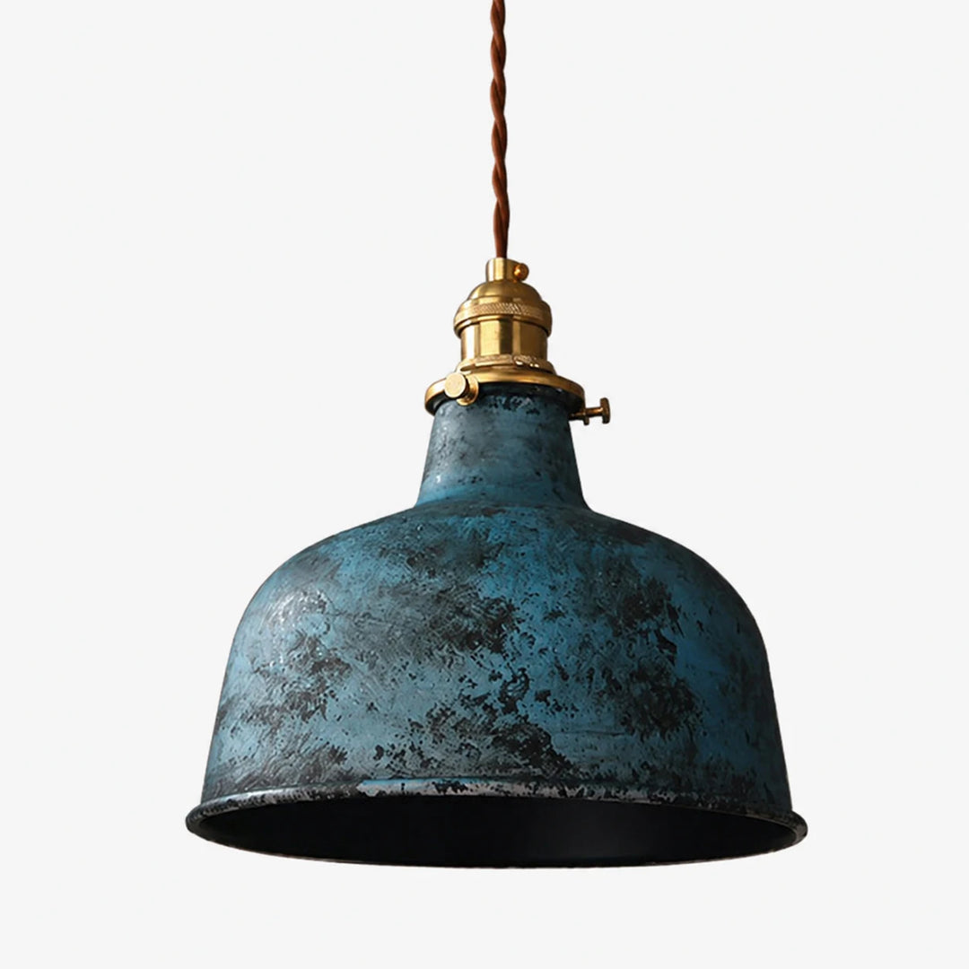 Distressed blue rounded dome pendant lamp on white background