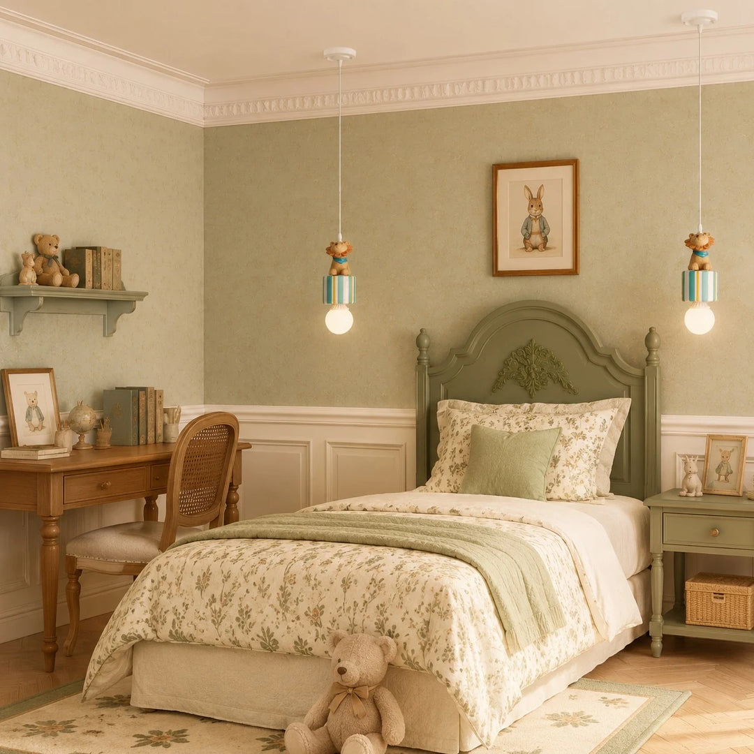 Cat green gift box pendant lamps in a study bedroom