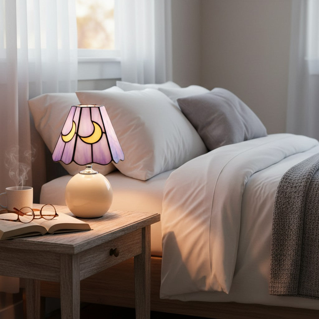 Stellum Paddenstoel Maan Glas-in-lood Tafellamp Artistieke Accentverlichting Keramische Voet voor Woonruimtes