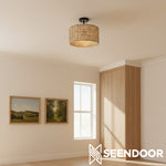 Afbeelding laden in galerijweergave, Lannister Coastal 2-licht semi-opbouw plafondlamp met handgeweven trommelkap voor slaapkamer