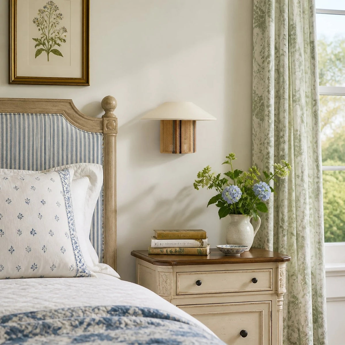 Woven wall sconce bedroom corner scene