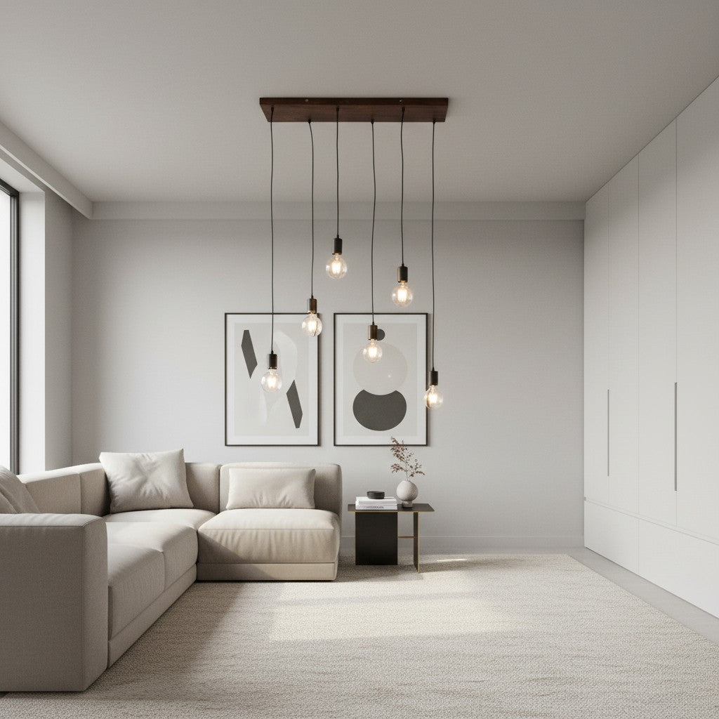 Vornix 6-licht lineaire hanglamp - houten balk moderne industriële armatuur voor keuken-eiland eetkamer