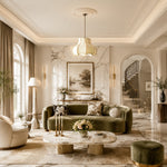 Afbeelding laden in galerijweergave, Sage floral fabric pendant light above a lounge seating area
