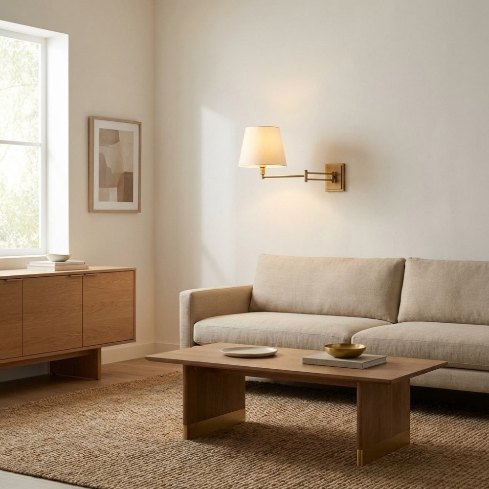 Arcuma Moderne Verstelbare Arm Wandkandelaar met Linnen Kap - Eigentijdse Metalen Verlichting voor Woonkamer