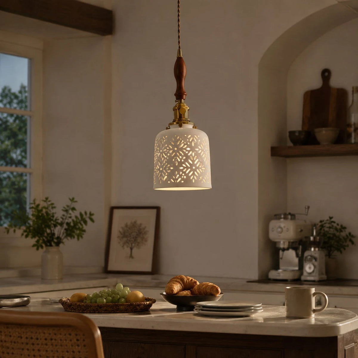Wood accent starflower ceramic pendant light in a dining room
