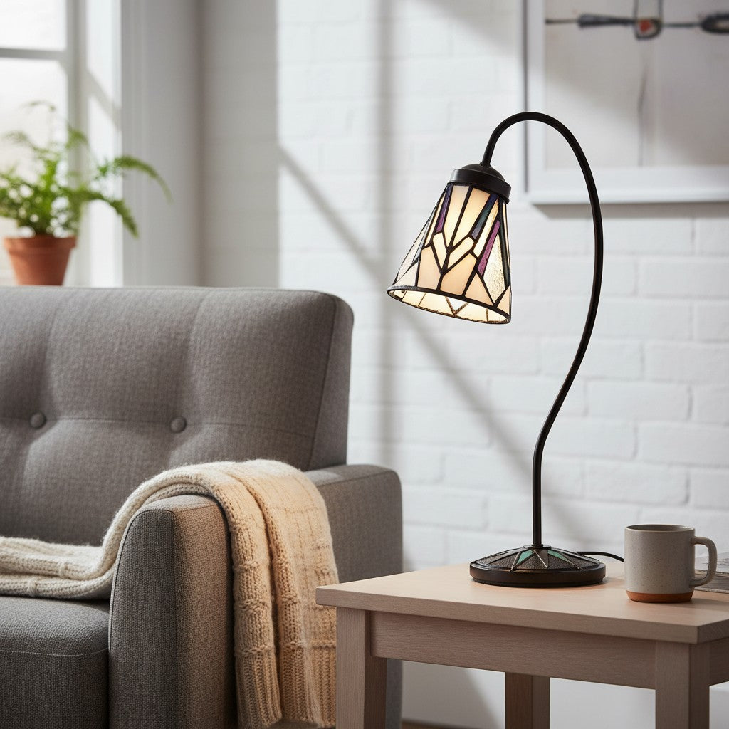 TF Astoria Tiffany Tafellamp – Gebogen Zwanenhals Arm Art Deco Glazen Kap voor Bureau