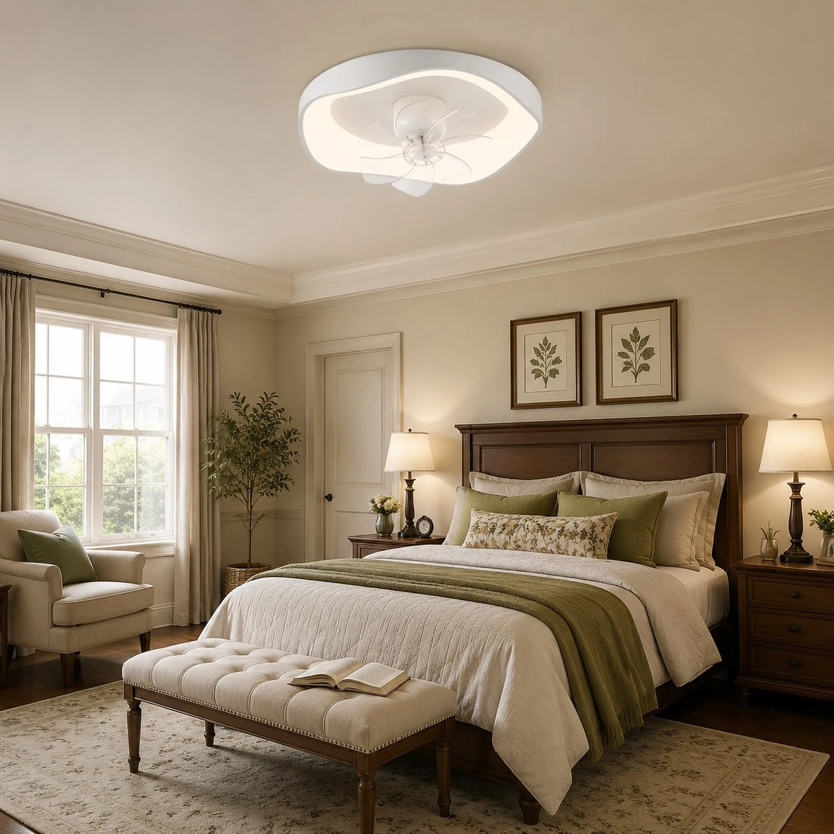 Ceiling fan light installed in a modern bedroom