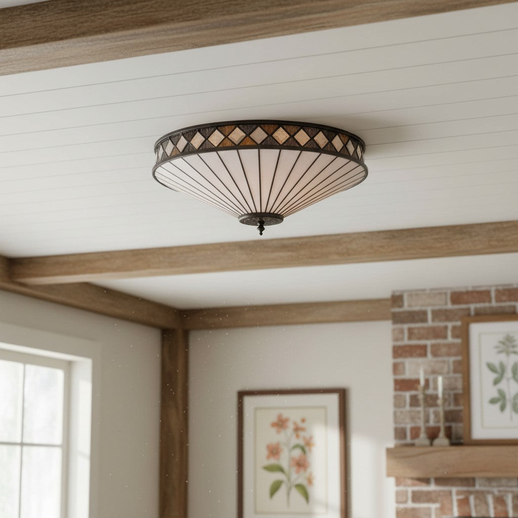 TF Fargo Geometric Flush Mount Light — Handcrafted Art Deco Stained Glass Lamp for Entryway