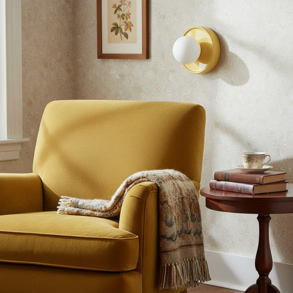 Solna Okrągły Szklany Kinkiet z Ceramiczną Podstawą — Minimalistyczne Oświetlenie do Sypialni lub Przedpokoju