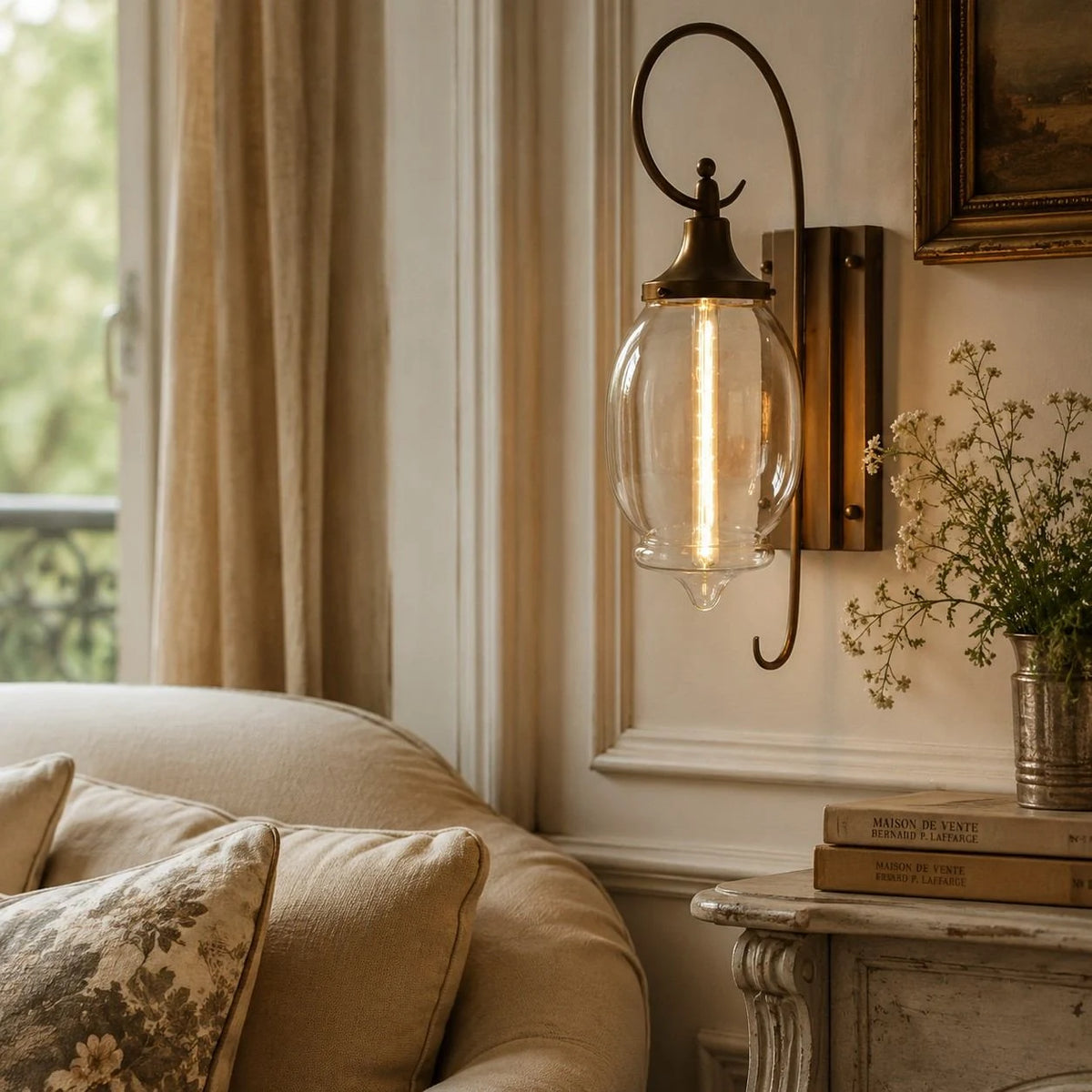 Warm living room installation beside curtains and framed art