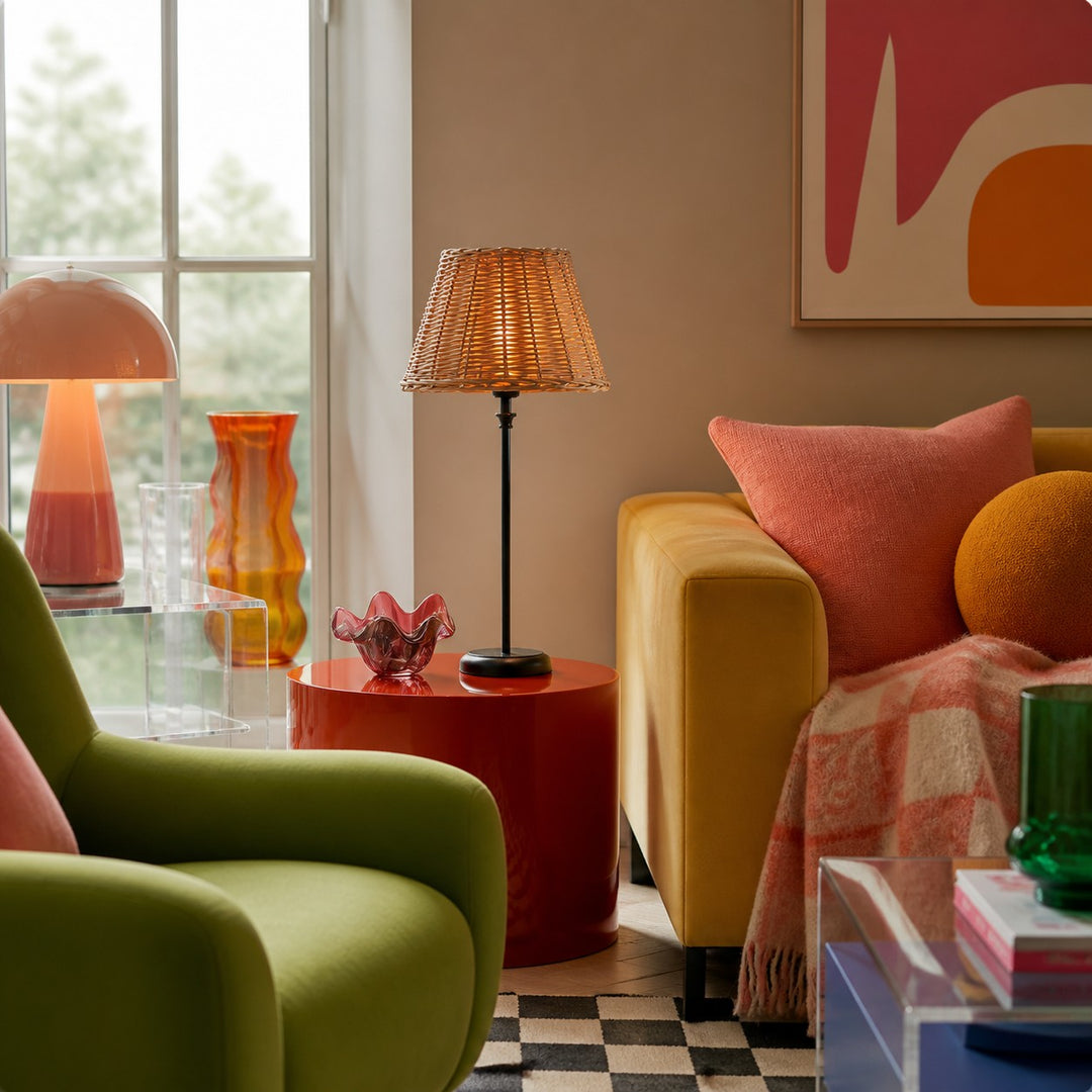 Rattan table lamp in a colorful living room