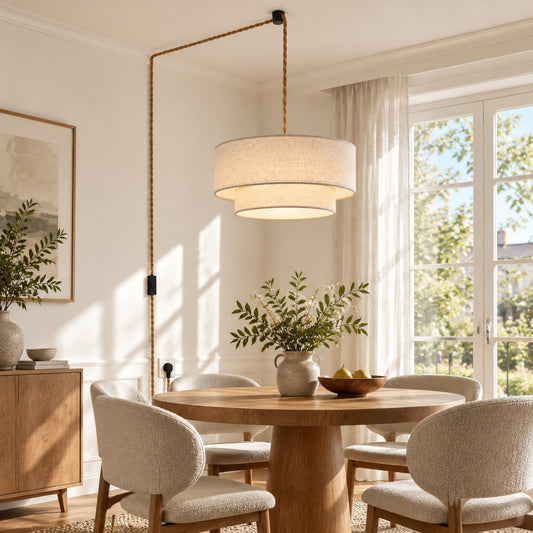 Lampa wisząca na wtyczkę z ręcznie plecionym kloszem z bawełnianej liny