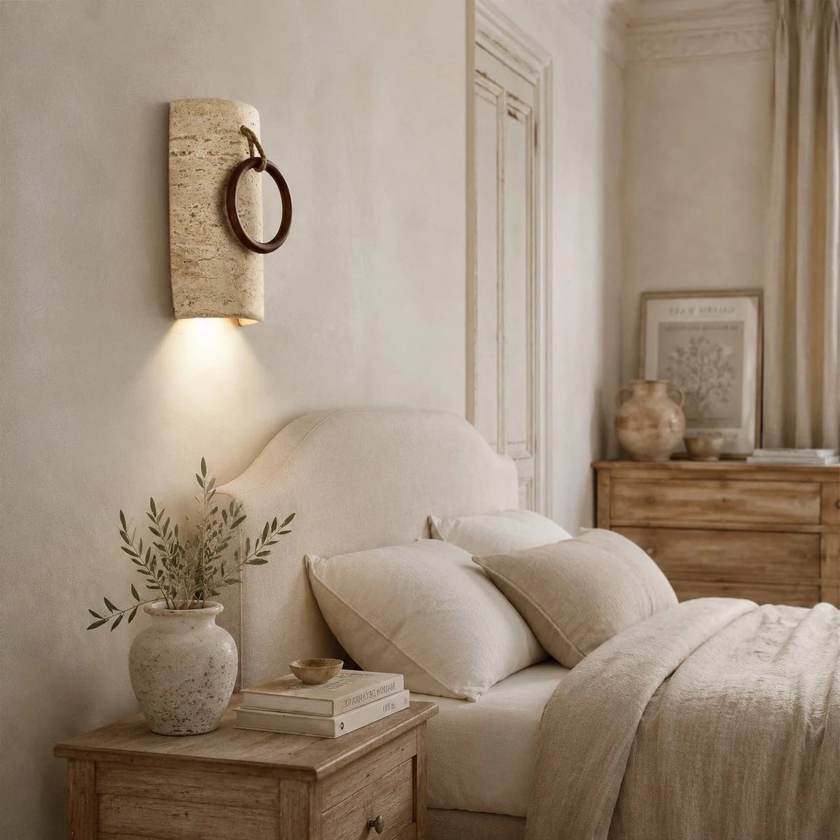 Travertine wood ring wall sconce detail