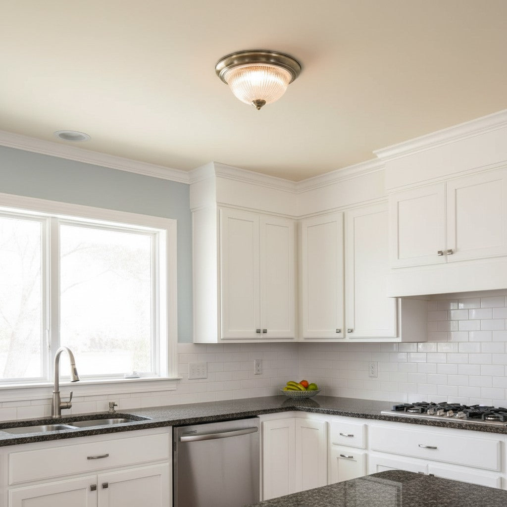 TF Vintora Moderne Opbouw Plafondlamp – Geribbeld Glas en Metalen Rand voor Keukens of Gangen