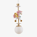Cargar imagen en el visor de la Galería, Single unicorn pendant light with pink flower accents on white background