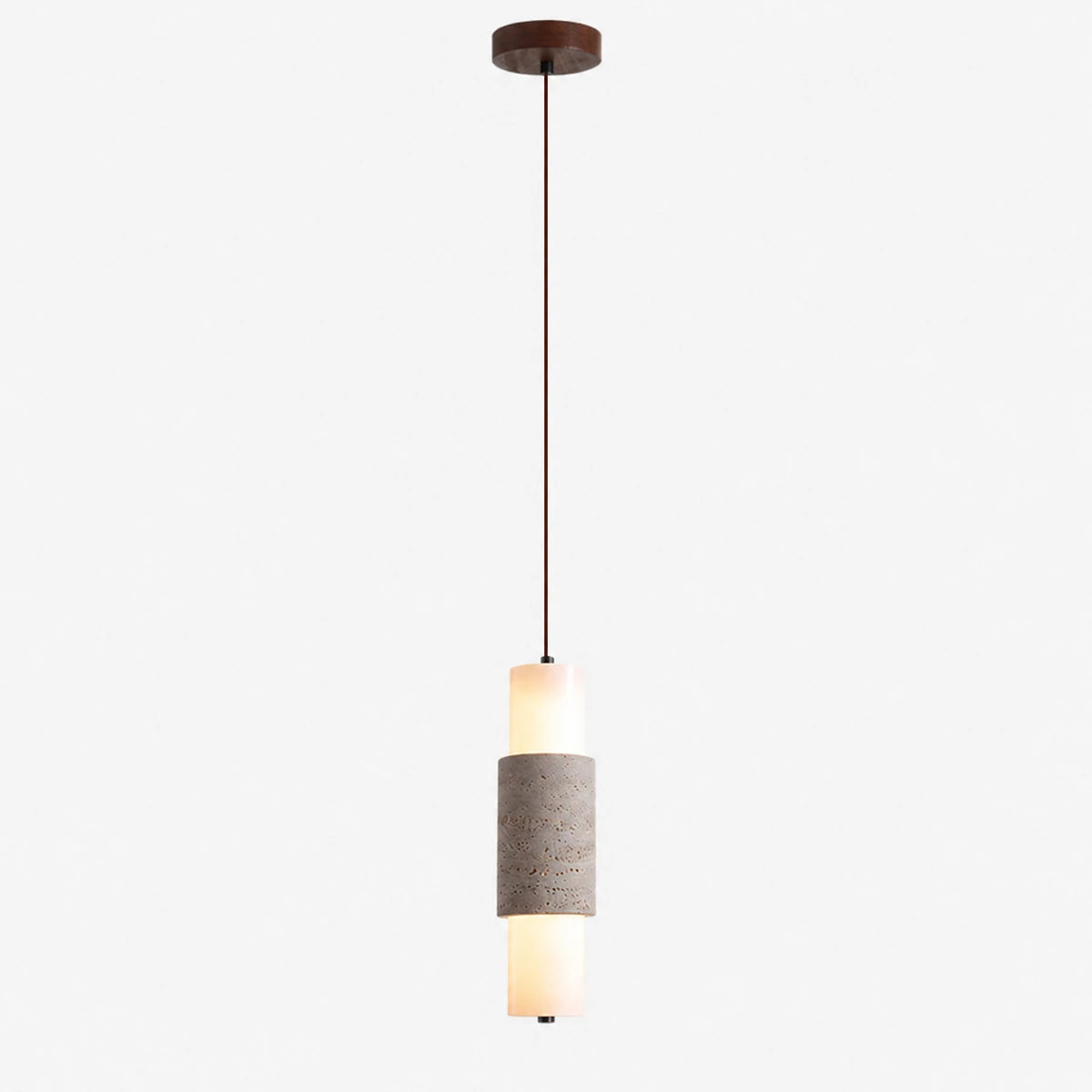 Full drop view of the slim travertine pendant lamp and ceiling canopy
