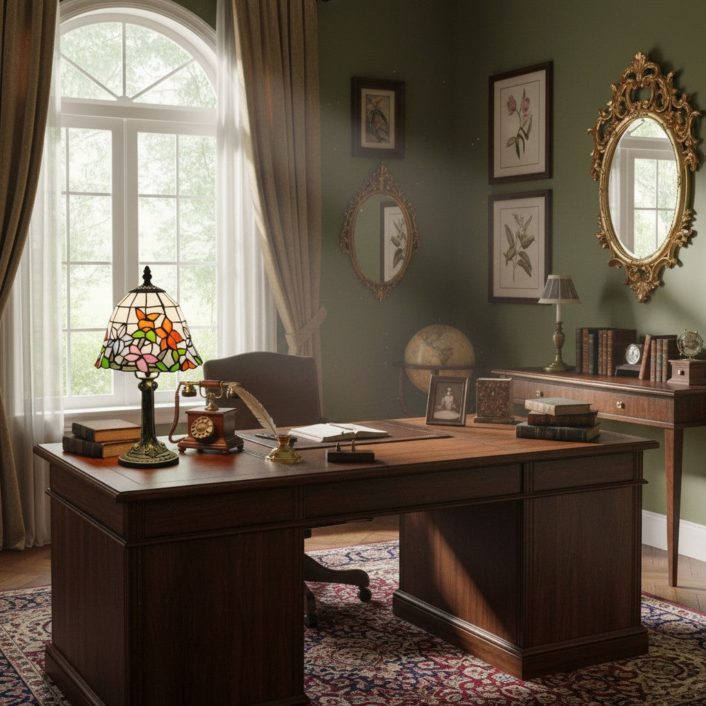 Virelle Traditionele Tiffany Tafellamp – Kleurrijke Glas-in-lood Koepel Bureaulamp voor Slaapkamer