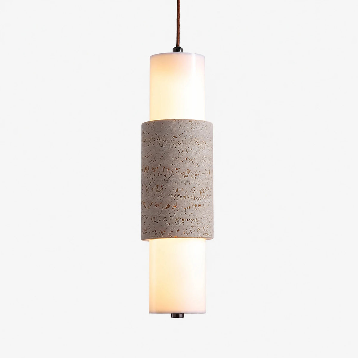Yellow travertine cylinder pendant lamp with warm frosted diffuser