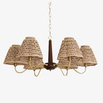 Cargar imagen en el visor de la Galería, Solmire Rustic Chandelier – Wooden Mental Frame with Fabric Shades for Living Room