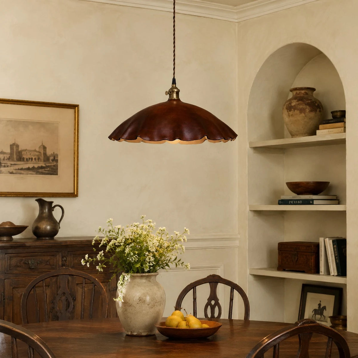 Leather pendant lamp in a quiet reading corner scene