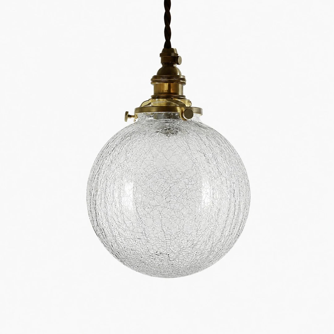 Style A brass pendant light with round clear crackle glass shade