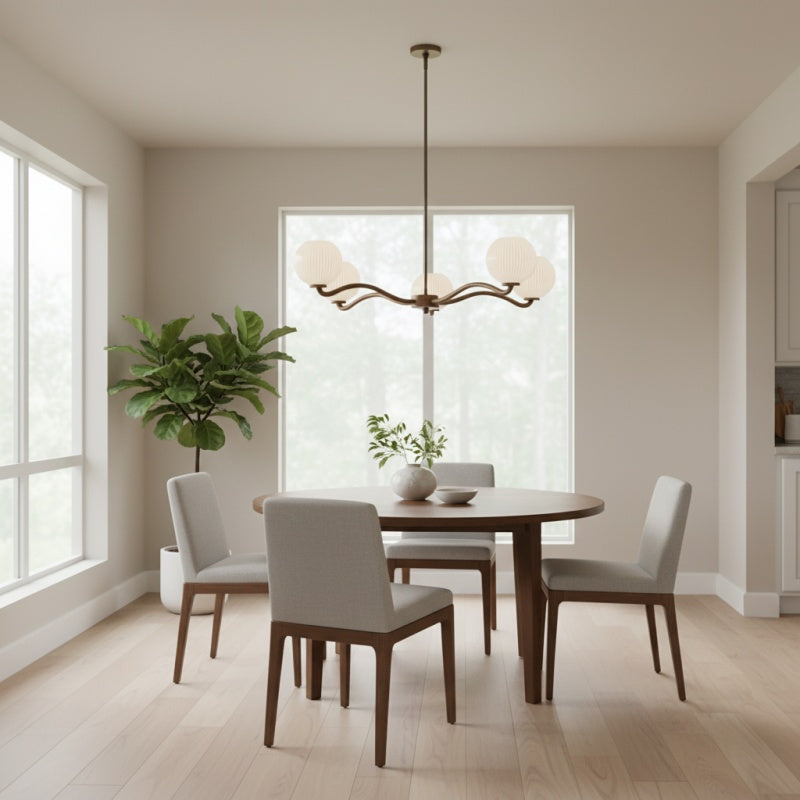 Lampadario Contemporaneo Shella a Cinque Sfere – Lampada a Sospensione in Legno, Metallo e Vetro per Camera da Letto o Sala da Pranzo